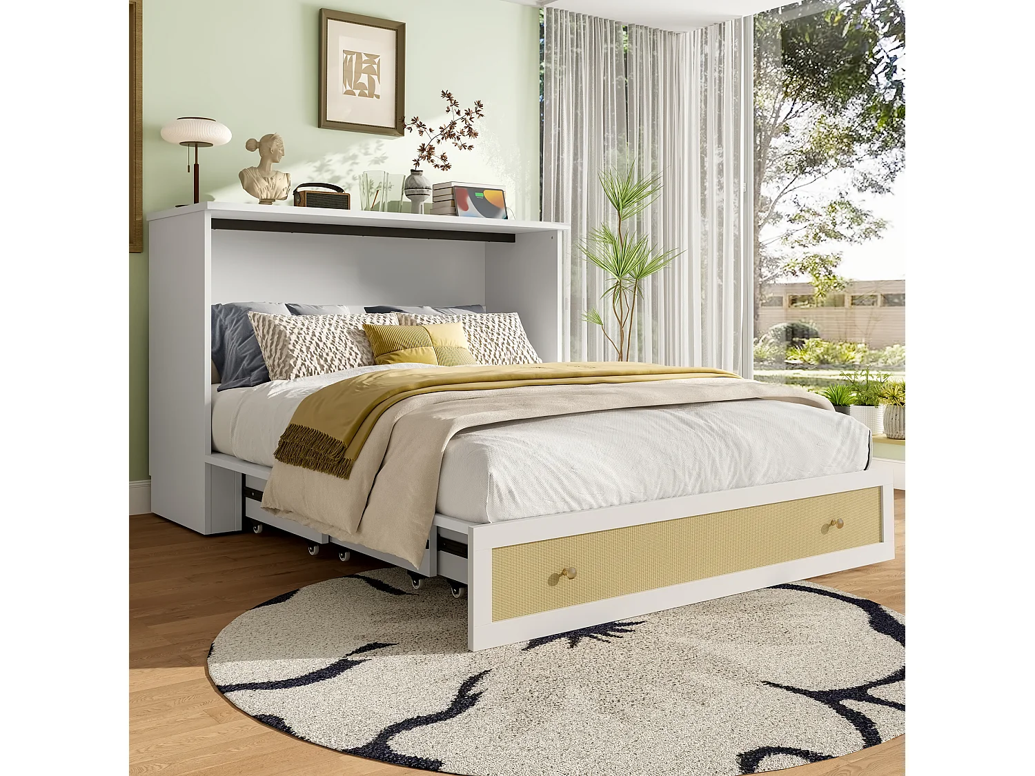 Murphy bed 140x200cm, met lades en planken, USB en stopcontact, omvormbaar platformbed, zonder matras, wit (206x147,5x102 cm)