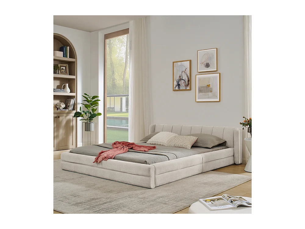 Tweepersoonsbed 160x200 cm, ergonomisch design, zacht chenille, eucalyptus en metalen frame, beige (160x200x60 cm)