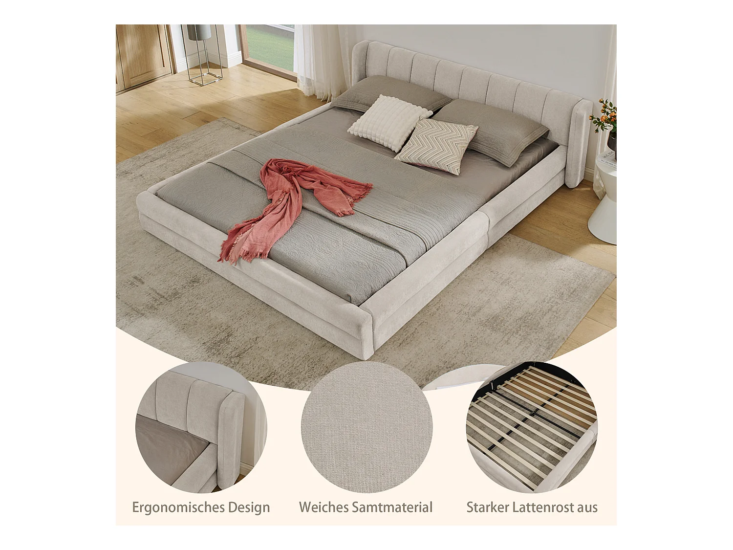 Tweepersoonsbed 160x200 cm, ergonomisch design, zacht chenille, eucalyptus en metalen frame, beige (160x200x60 cm)