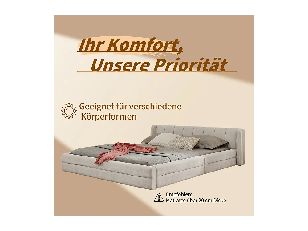 Cama doble 160x200 cm, diseño ergonómico, chenilla suave, estructura de eucalipto y metal, beige (160x200x60 cm)