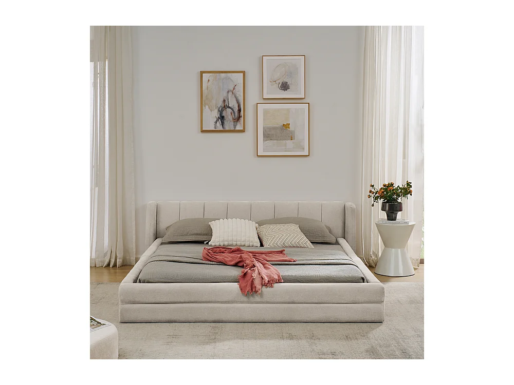 Cama doble 160x200 cm, diseño ergonómico, chenilla suave, estructura de eucalipto y metal, beige (160x200x60 cm)