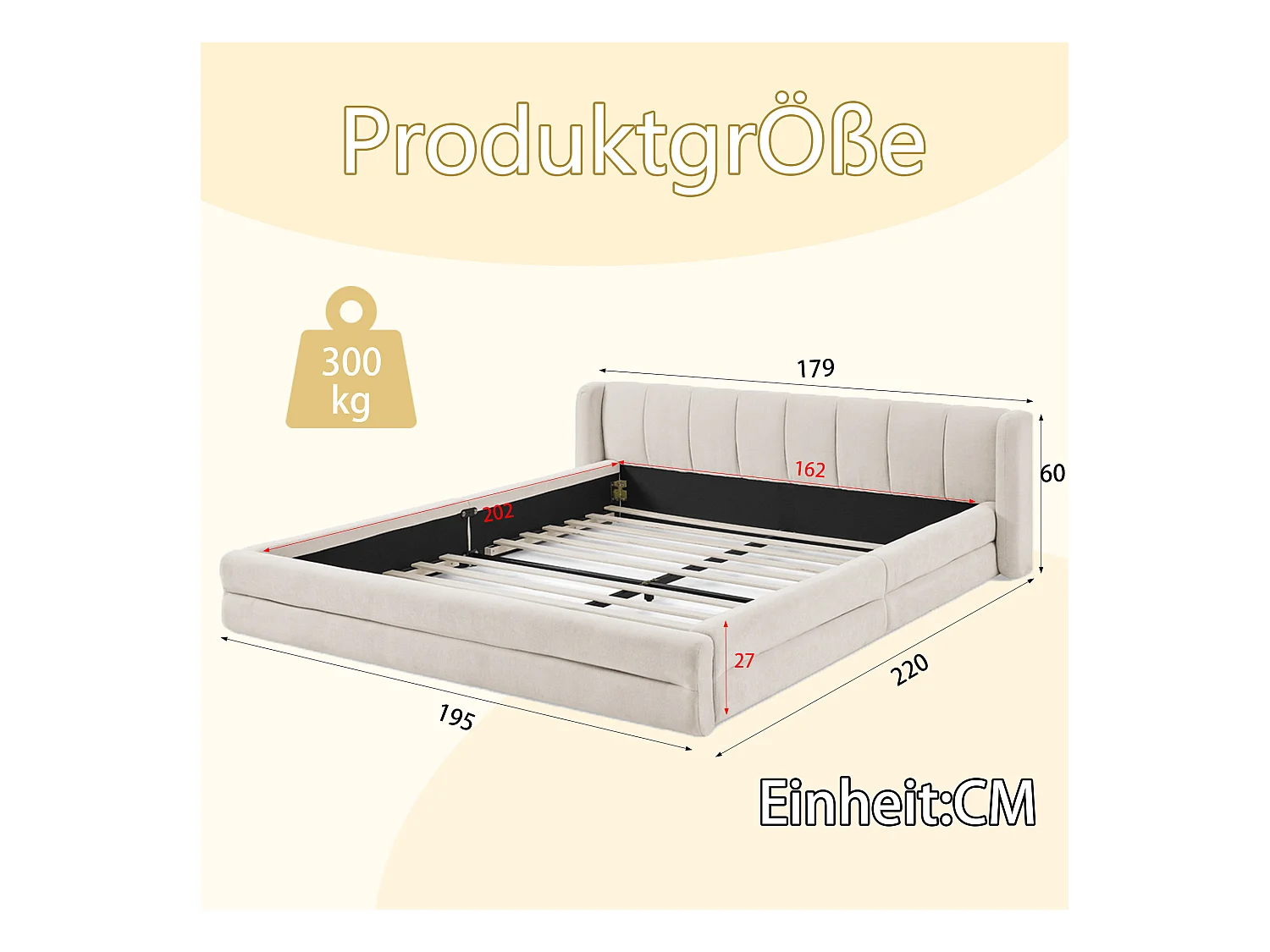 Cama doble 160x200 cm, diseño ergonómico, chenilla suave, estructura de eucalipto y metal, beige (160x200x60 cm)