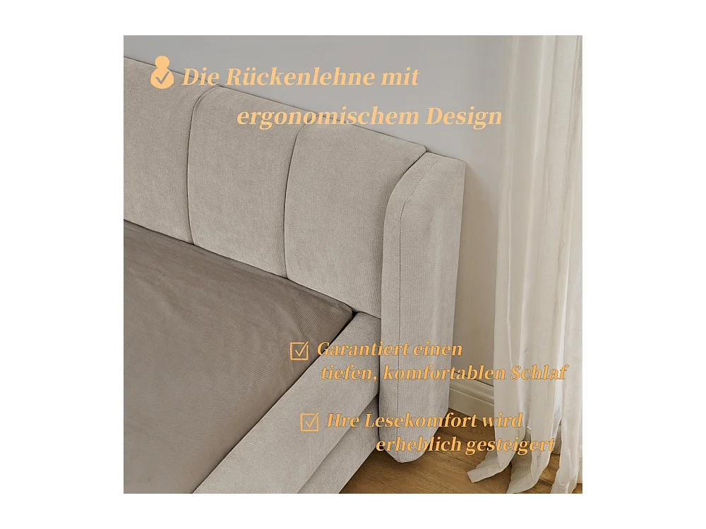 Cama doble 160x200 cm, diseño ergonómico, chenilla suave, estructura de eucalipto y metal, beige (160x200x60 cm)