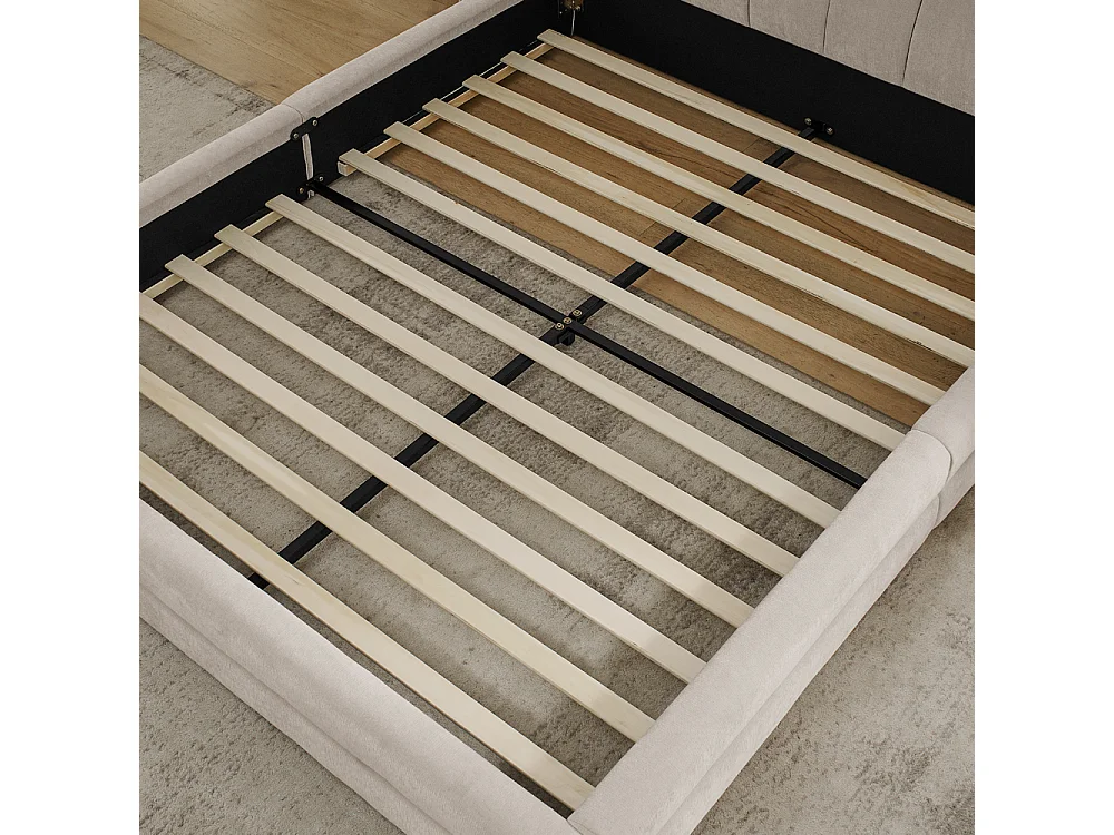 Cama doble 160x200 cm, diseño ergonómico, chenilla suave, estructura de eucalipto y metal, beige (160x200x60 cm)