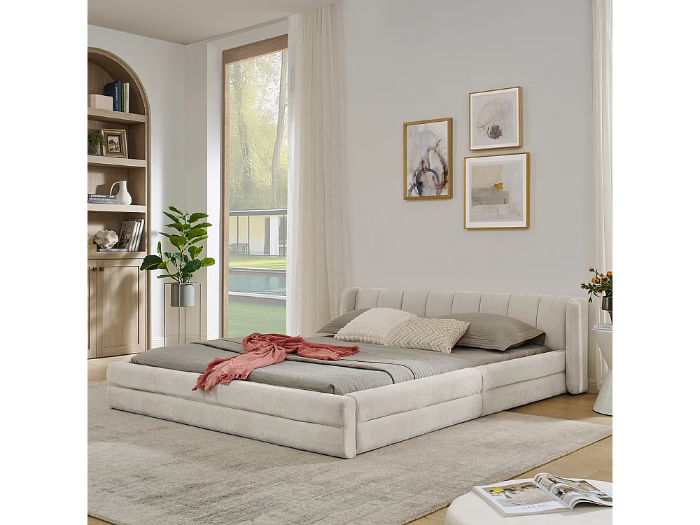 Lit double 160x200 cm, design ergonomique, chenille doux, cadre en eucalyptus et métal, beige (160x200x60 cm)