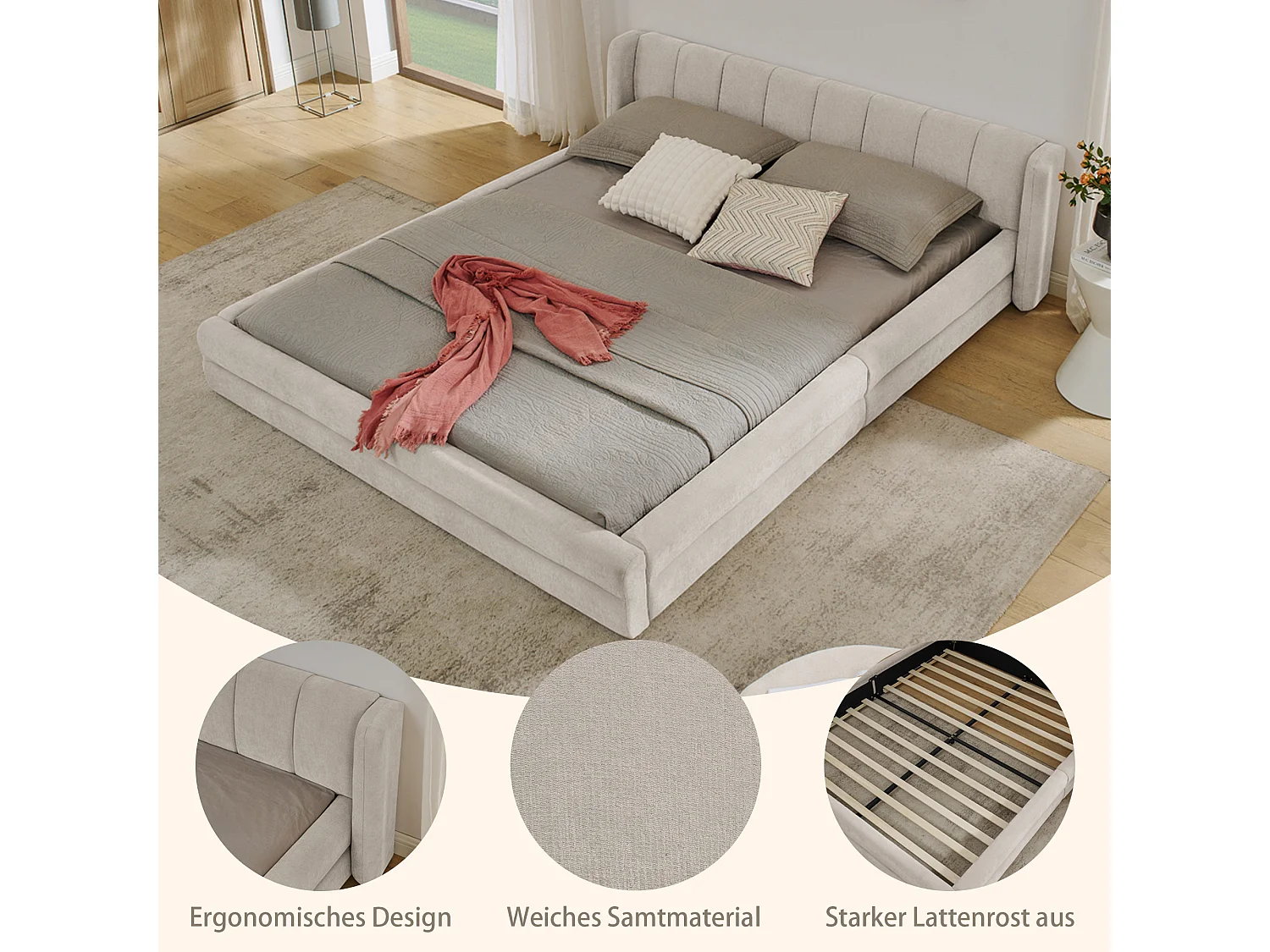 Lit double 160x200 cm, design ergonomique, chenille doux, cadre en eucalyptus et métal, beige (160x200x60 cm)