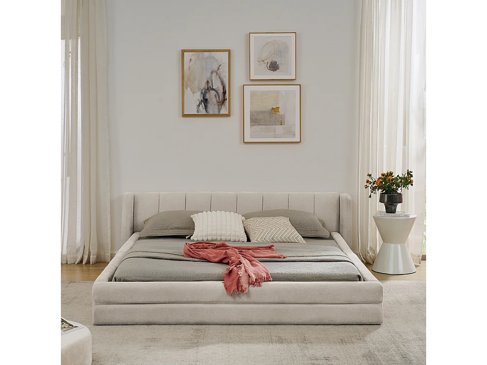 Lit double 160x200 cm, design ergonomique, chenille doux, cadre en eucalyptus et métal, beige (160x200x60 cm)