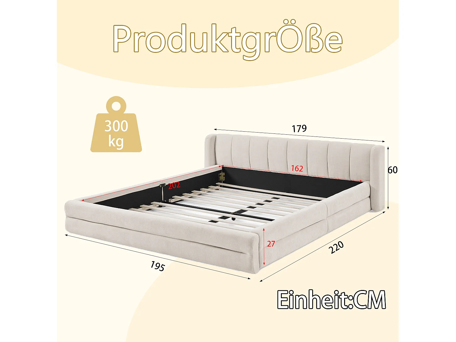 Lit double 160x200 cm, design ergonomique, chenille doux, cadre en eucalyptus et métal, beige (160x200x60 cm)