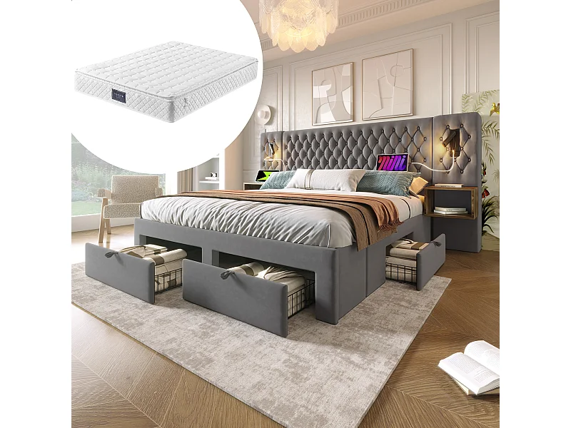 Lit complet avec tête de lit et lampes de lecture, 160×200 cm, tissu velours gris, avec 2 tables de nuit et 4 tiroirs, avec matelas (209x246.5x105 cm)