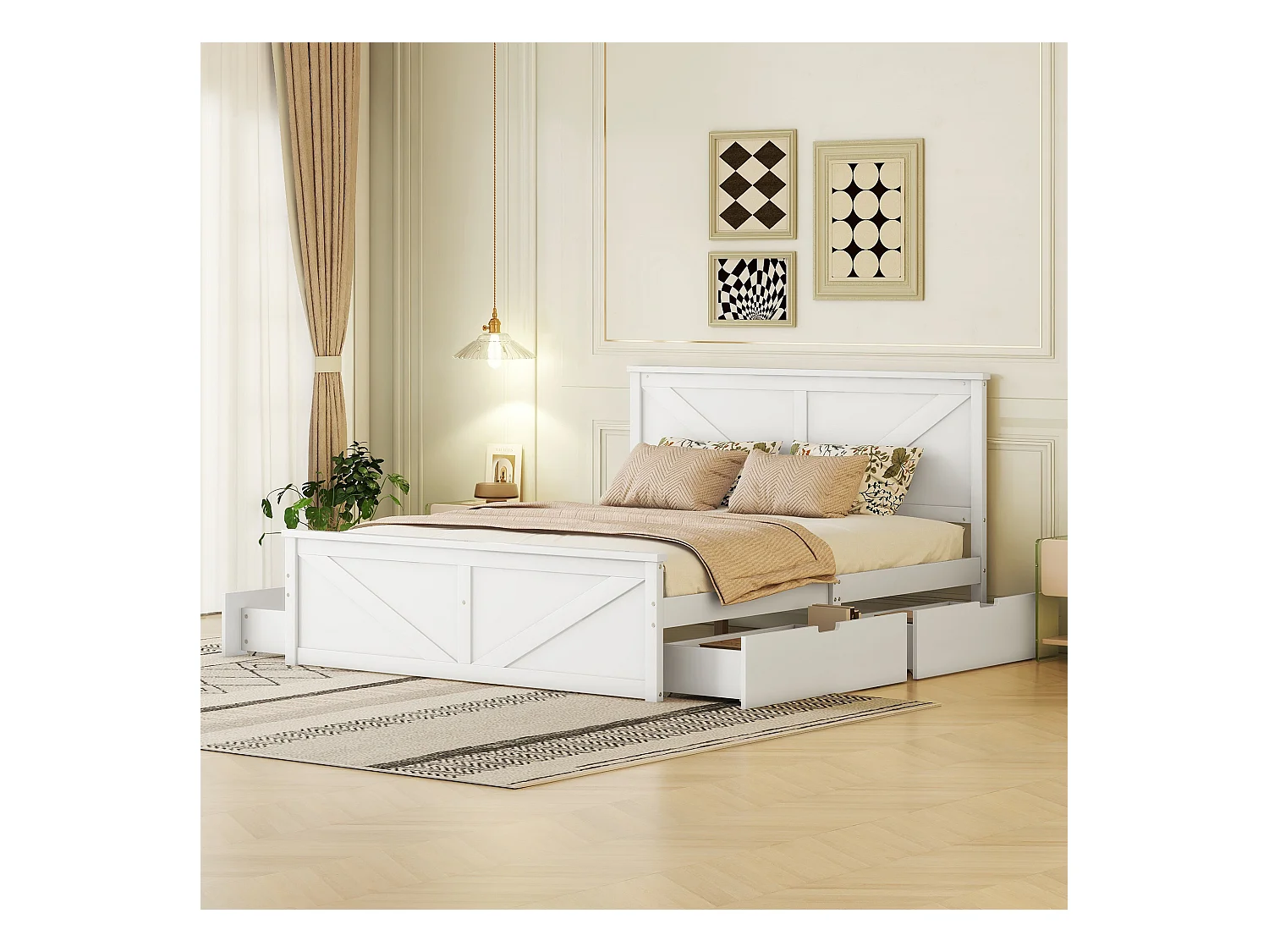 Cama de madera 160x200 con 4 cajones, cabecero de madera, color blanco (206x167,5x98 cm)