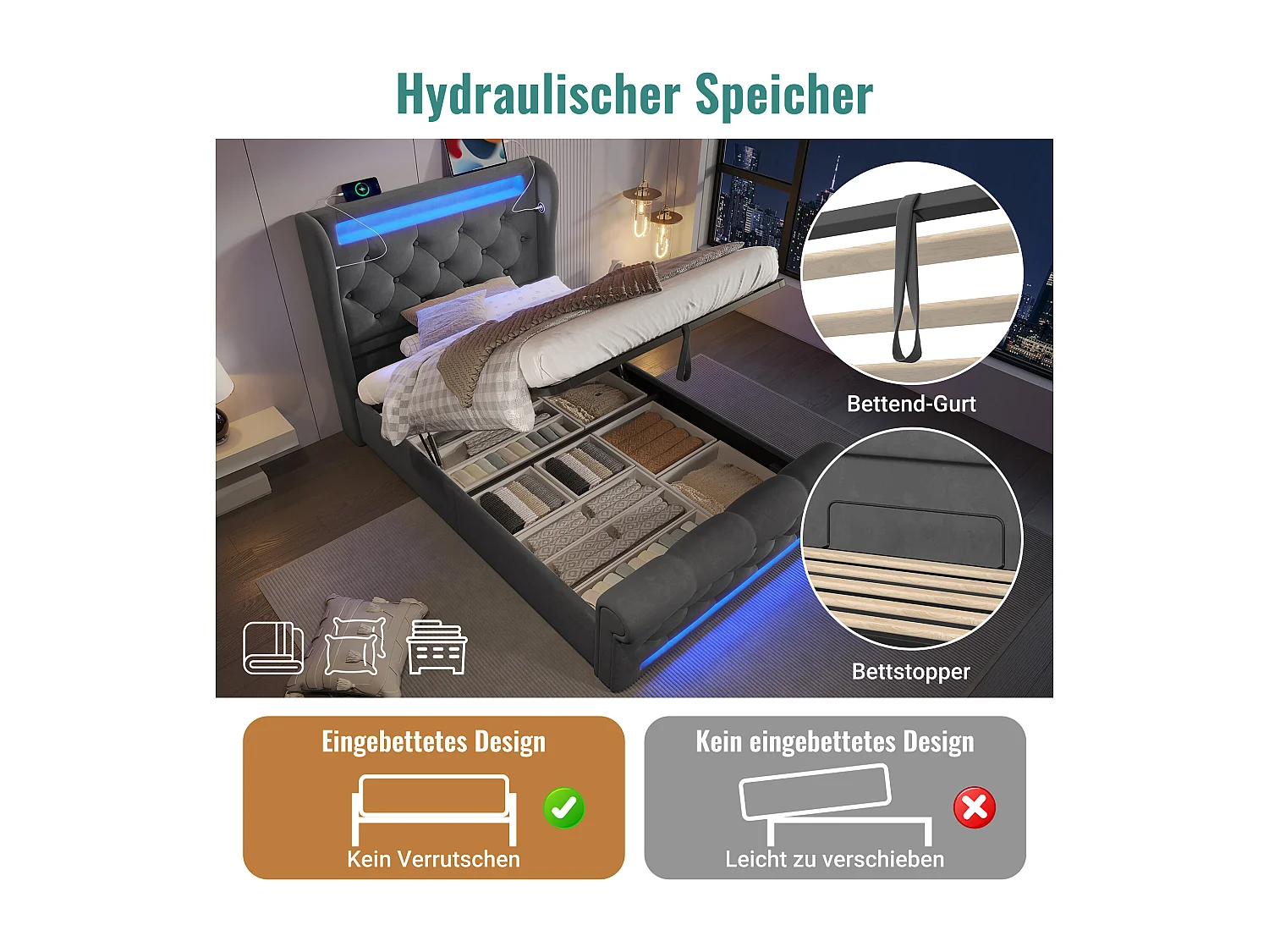 Cama individual de 90 x 200 cm con iluminación LED, cabecero con USB y USB-C, canapé hidráulico, gris, terciopelo (220 x 96 x 110 cm)