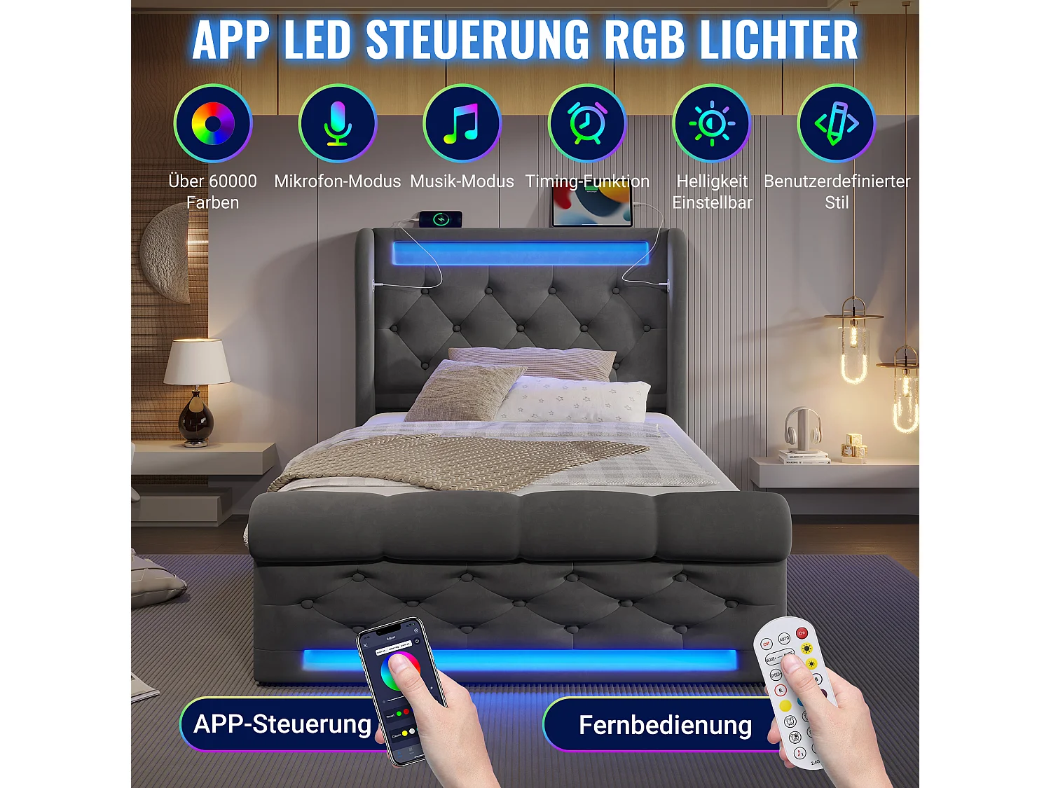 Cama individual de 90 x 200 cm con iluminación LED, cabecero con USB y USB-C, canapé hidráulico, gris, terciopelo (220 x 96 x 110 cm)