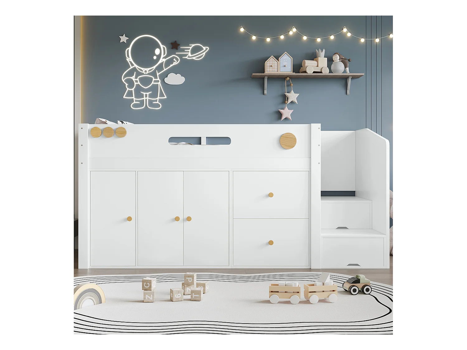 Lit en bois avec escalier de rangement, avec 2 tiroirs et penderie, blanc et naturel (252.5x95x115 cm)