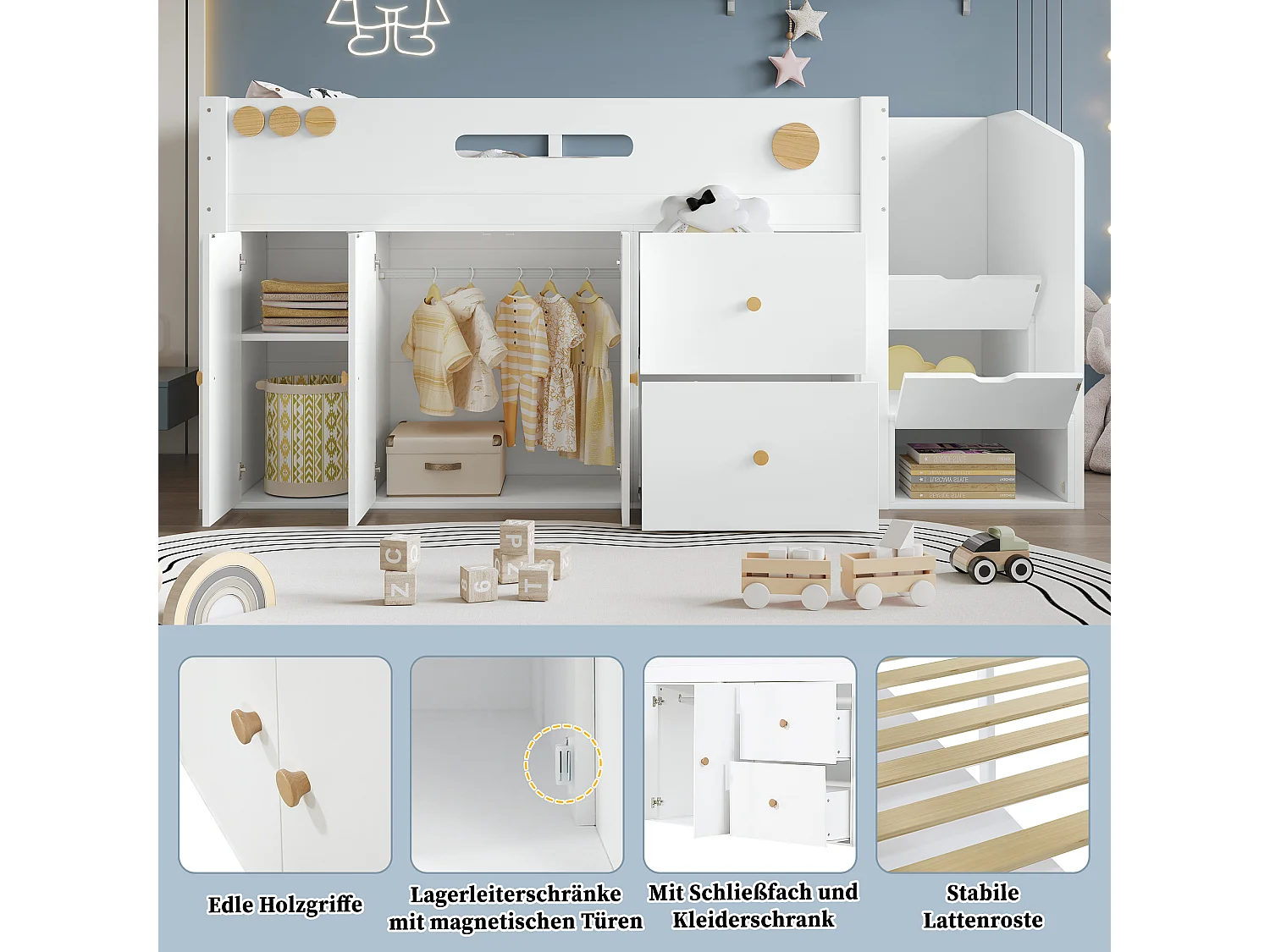 Lit en bois avec escalier de rangement, avec 2 tiroirs et penderie, blanc et naturel (252.5x95x115 cm)