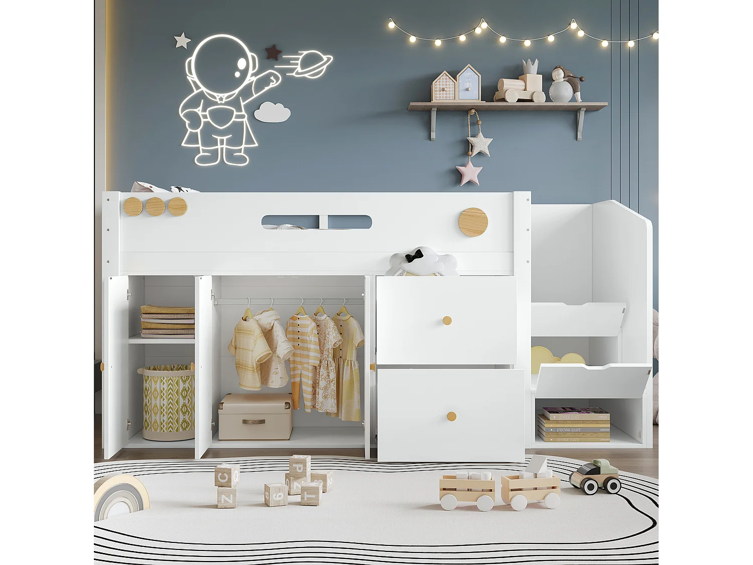 Letto in legno con scala contenitore, con 2 cassetti e armadio, bianco e naturale (252,5x95x115 cm)