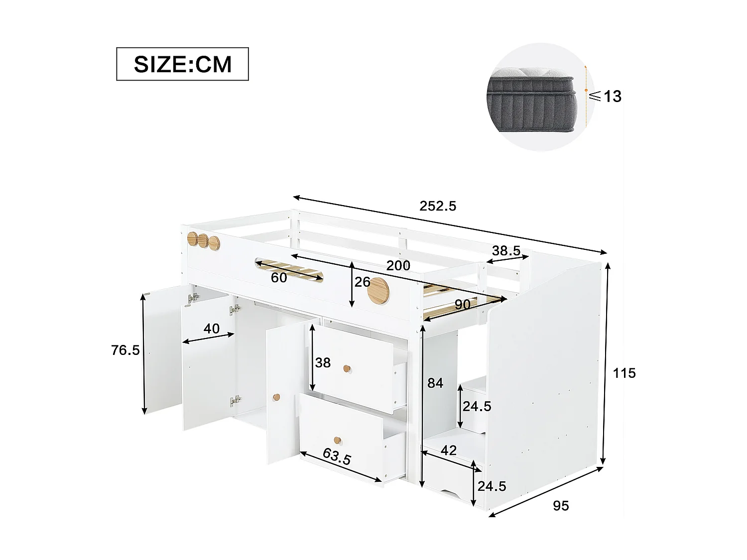 Letto in legno con scala contenitore, con 2 cassetti e armadio, bianco e naturale (252,5x95x115 cm)