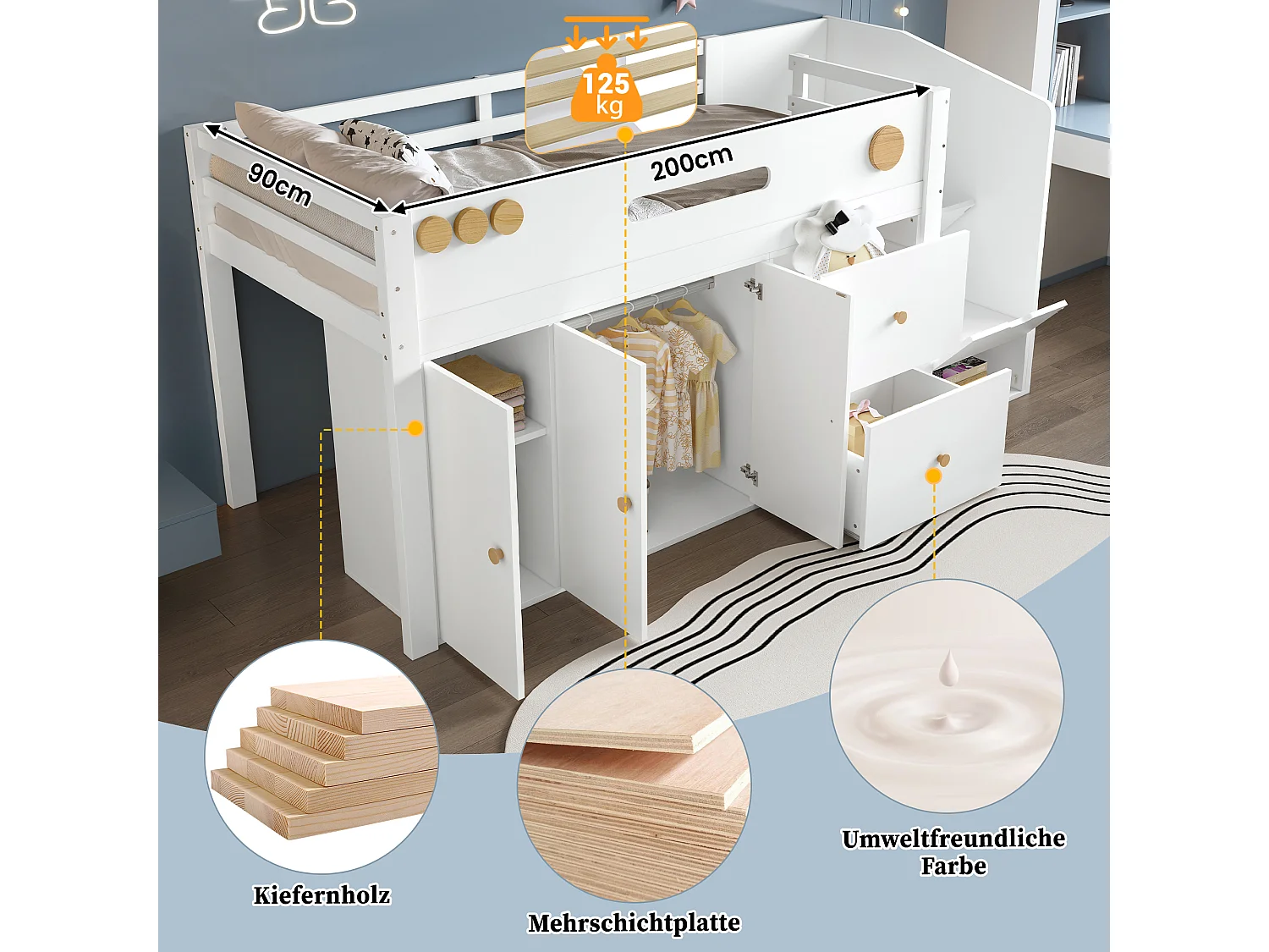 Letto in legno con scala contenitore, con 2 cassetti e armadio, bianco e naturale (252,5x95x115 cm)