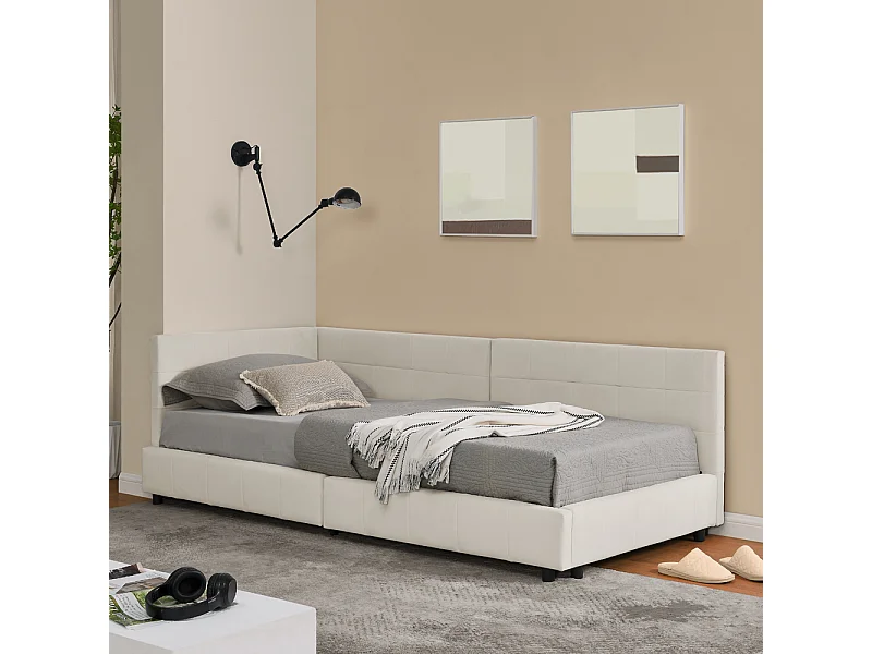 Eenpersoonsbed 90x200 cm, hoge fluwelen rugleuning, beige, eucalyptus bedframe (216x103x70 cm)