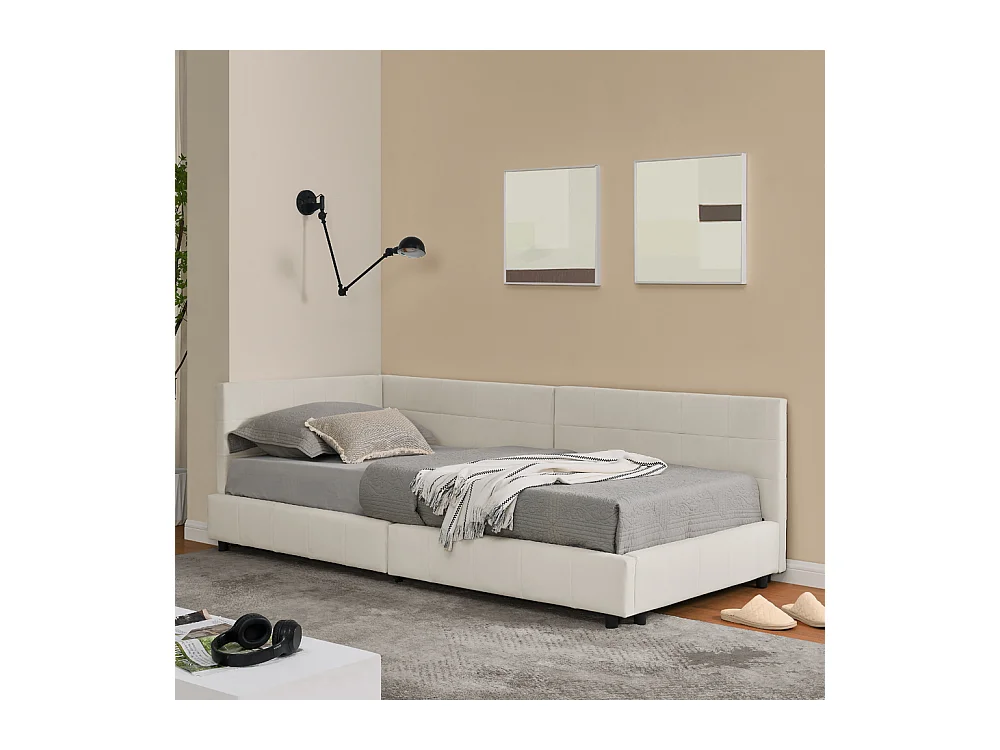 Eenpersoonsbed 90x200 cm, hoge fluwelen rugleuning, beige, eucalyptus bedframe (216x103x70 cm)