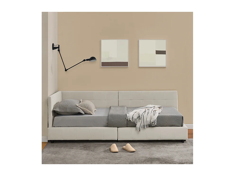 Eenpersoonsbed 90x200 cm, hoge fluwelen rugleuning, beige, eucalyptus bedframe (216x103x70 cm)