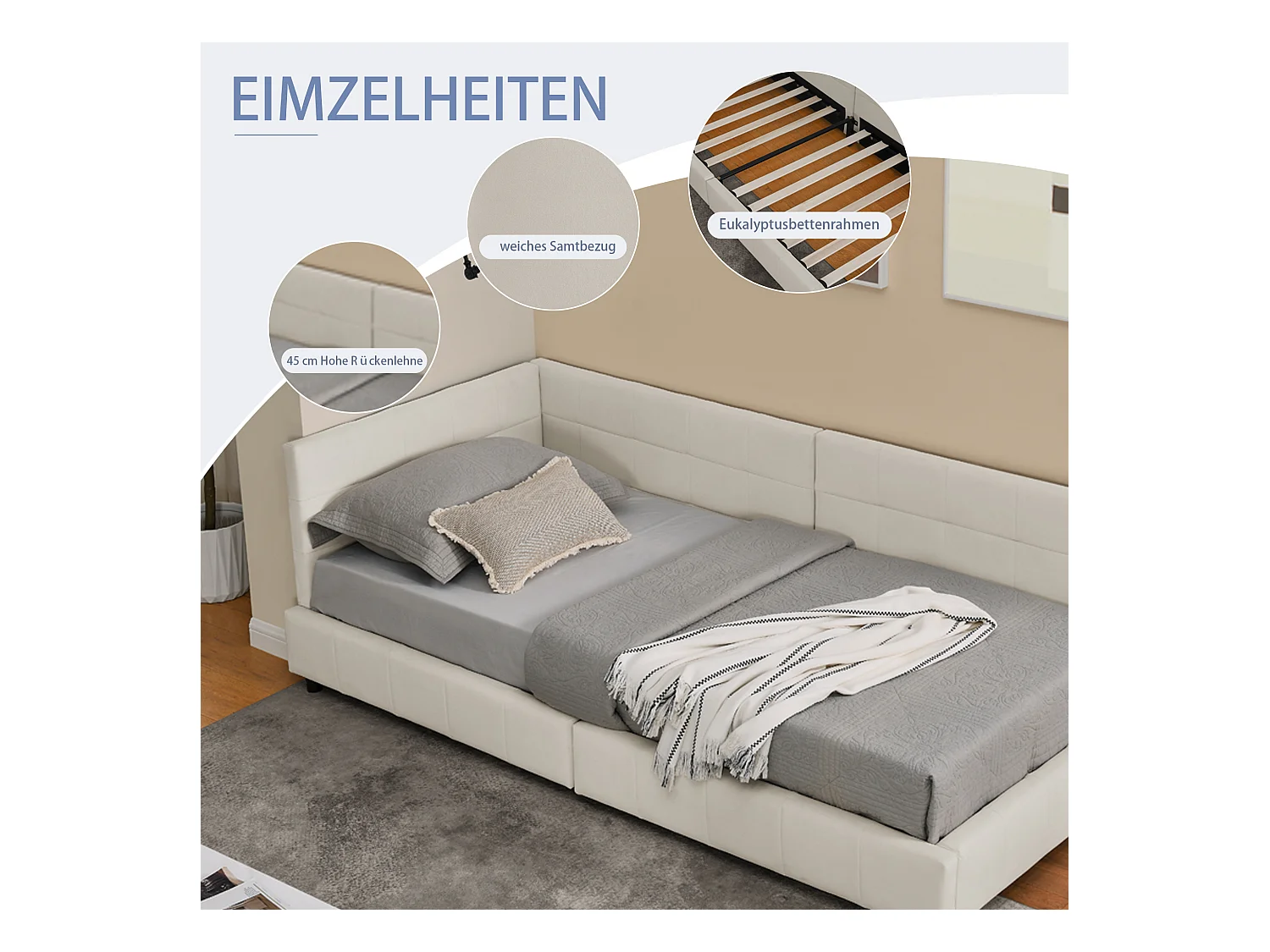 Eenpersoonsbed 90x200 cm, hoge fluwelen rugleuning, beige, eucalyptus bedframe (216x103x70 cm)