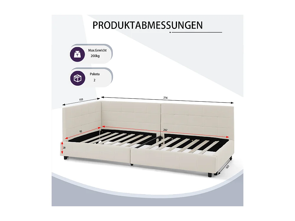 Eenpersoonsbed 90x200 cm, hoge fluwelen rugleuning, beige, eucalyptus bedframe (216x103x70 cm)