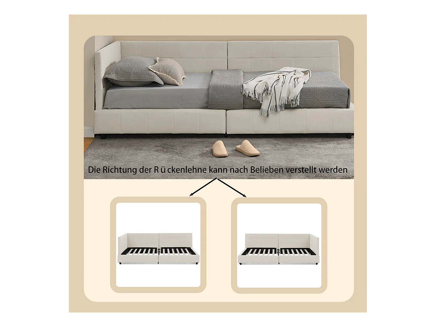 Eenpersoonsbed 90x200 cm, hoge fluwelen rugleuning, beige, eucalyptus bedframe (216x103x70 cm)
