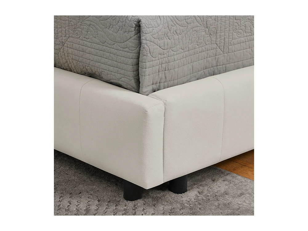 Eenpersoonsbed 90x200 cm, hoge fluwelen rugleuning, beige, eucalyptus bedframe (216x103x70 cm)