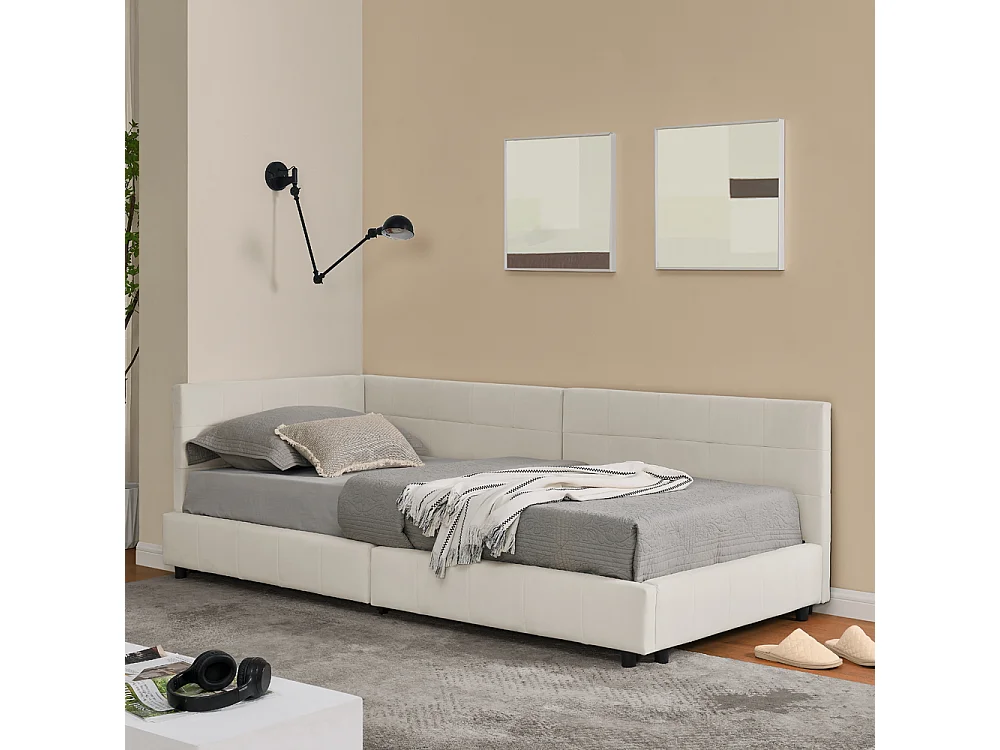 Lit simple 90x200 cm, haut dossier en velours, beige, cadre de lit en eucalyptus (216x103x70 cm)