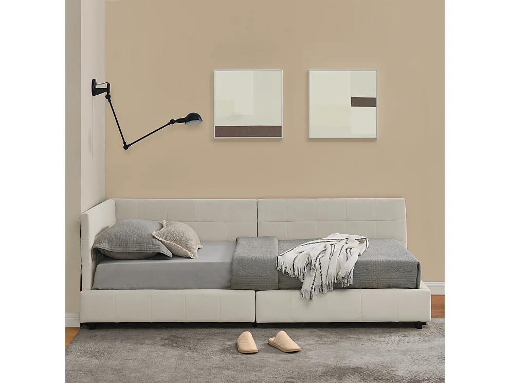 Lit simple 90x200 cm, haut dossier en velours, beige, cadre de lit en eucalyptus (216x103x70 cm)