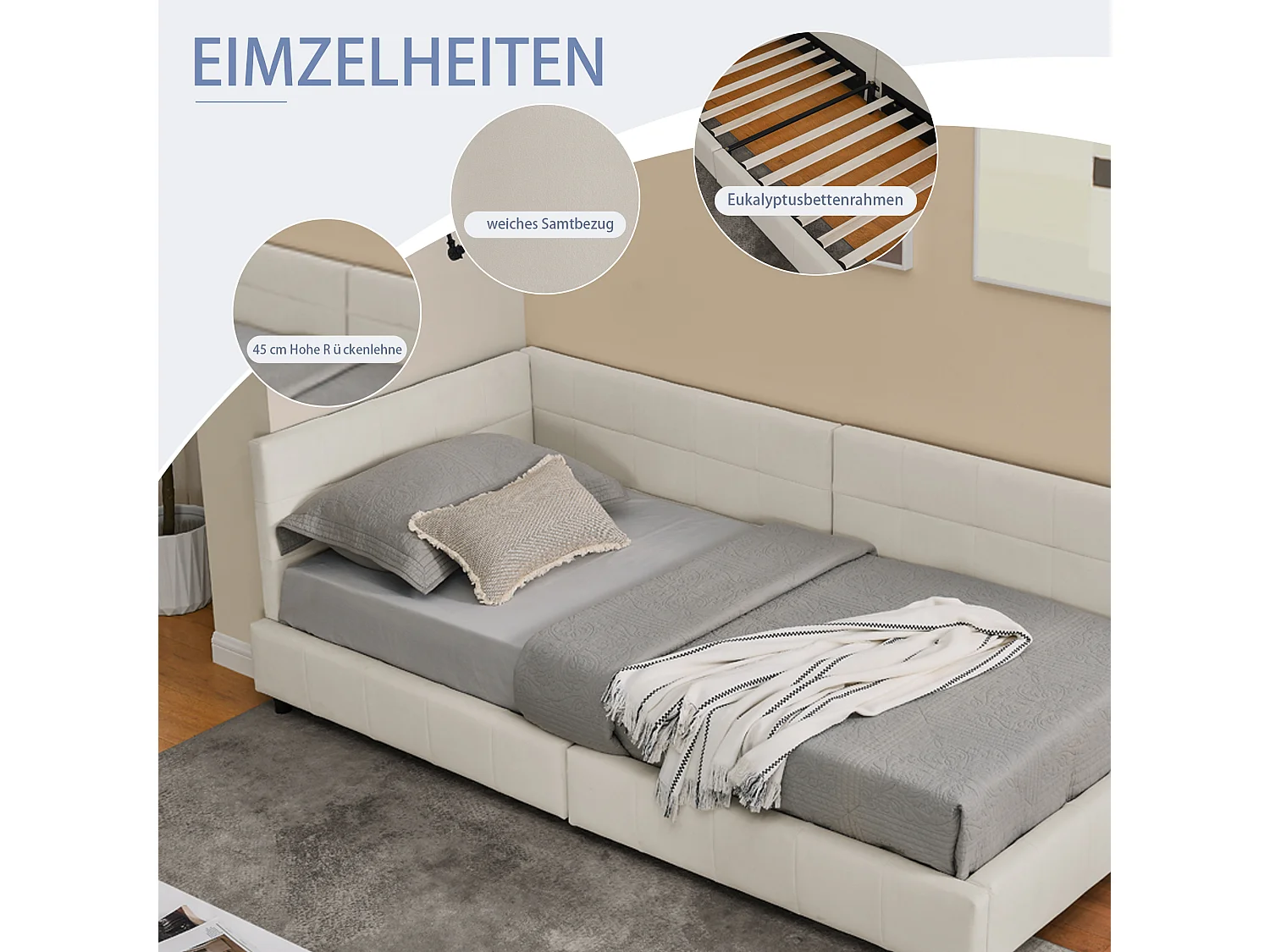 Lit simple 90x200 cm, haut dossier en velours, beige, cadre de lit en eucalyptus (216x103x70 cm)