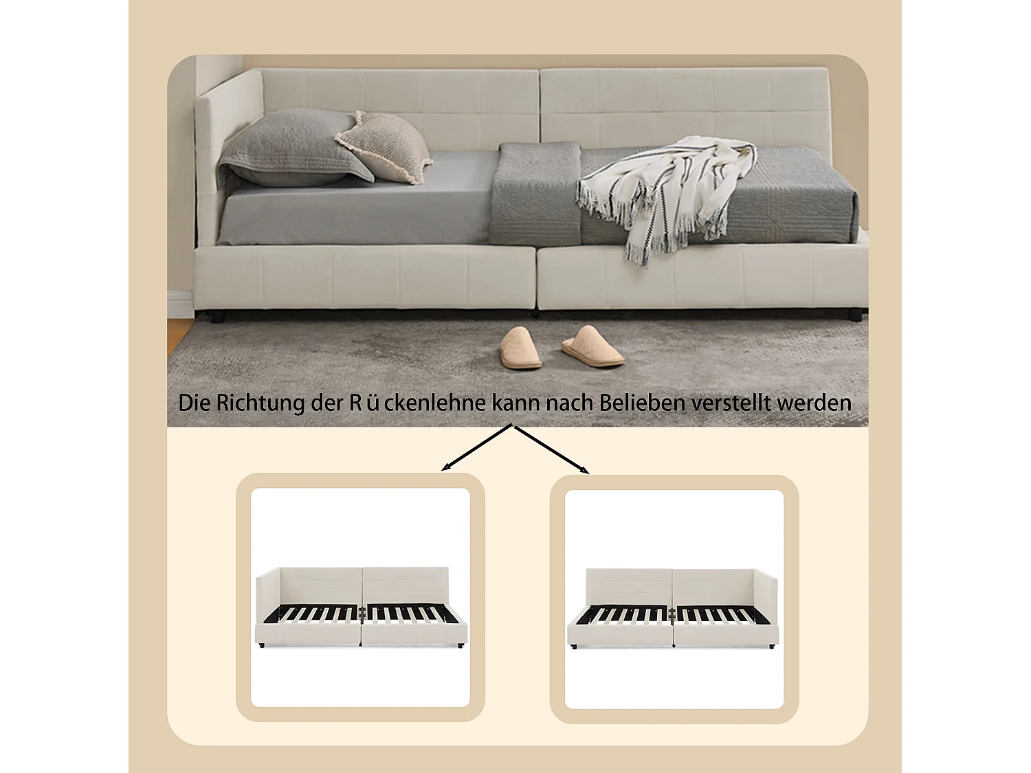 Lit simple 90x200 cm, haut dossier en velours, beige, cadre de lit en eucalyptus (216x103x70 cm)