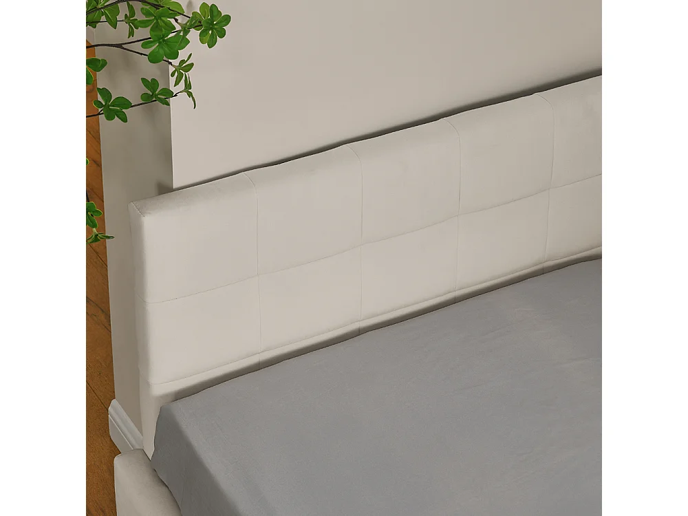 Lit simple 90x200 cm, haut dossier en velours, beige, cadre de lit en eucalyptus (216x103x70 cm)