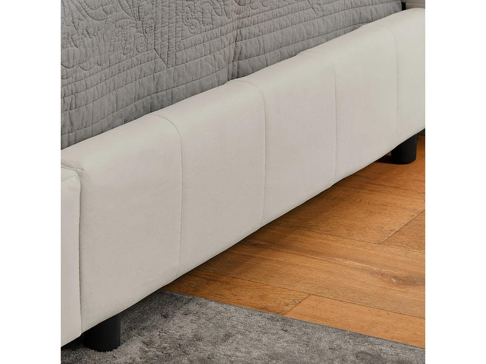 Lit simple 90x200 cm, haut dossier en velours, beige, cadre de lit en eucalyptus (216x103x70 cm)