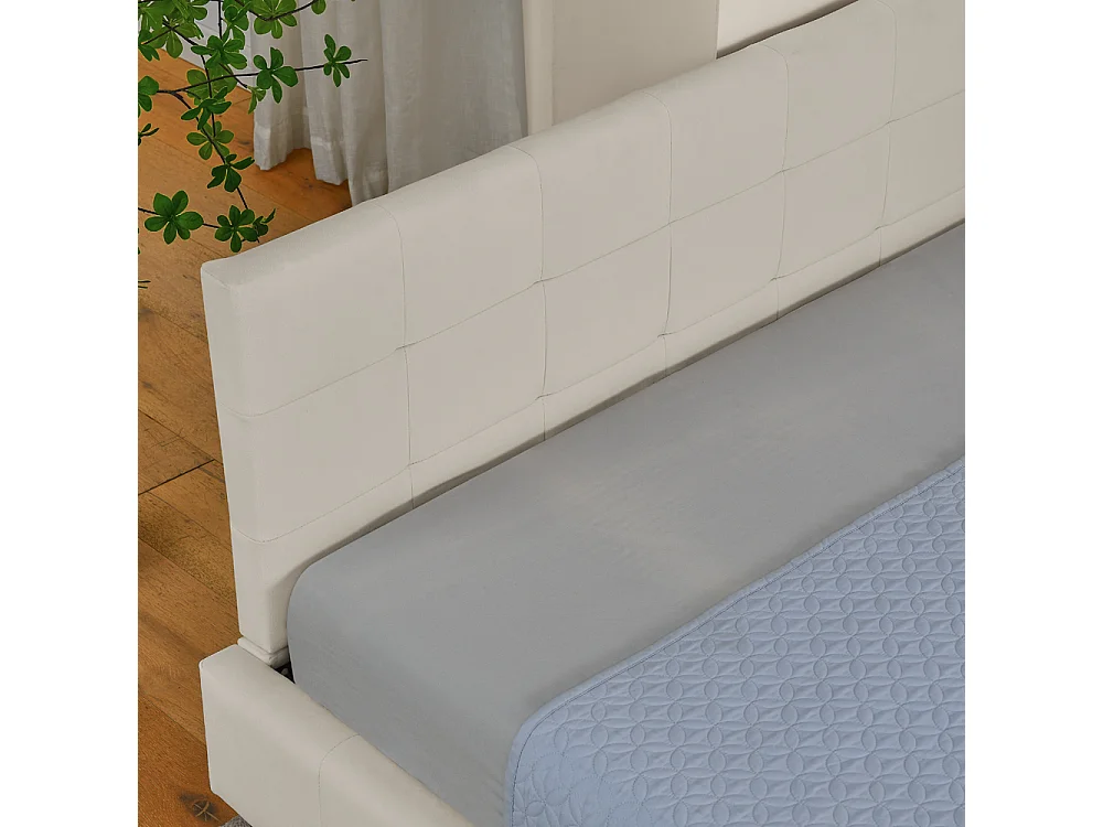 Lit simple 90x200 cm, haut dossier en velours, beige, cadre de lit en eucalyptus (216x103x70 cm)