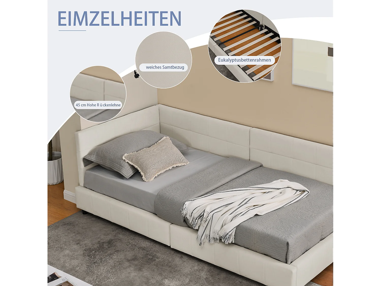 Lit simple 90x200 cm, haut dossier en velours, beige, cadre de lit en eucalyptus (216x103x70 cm)