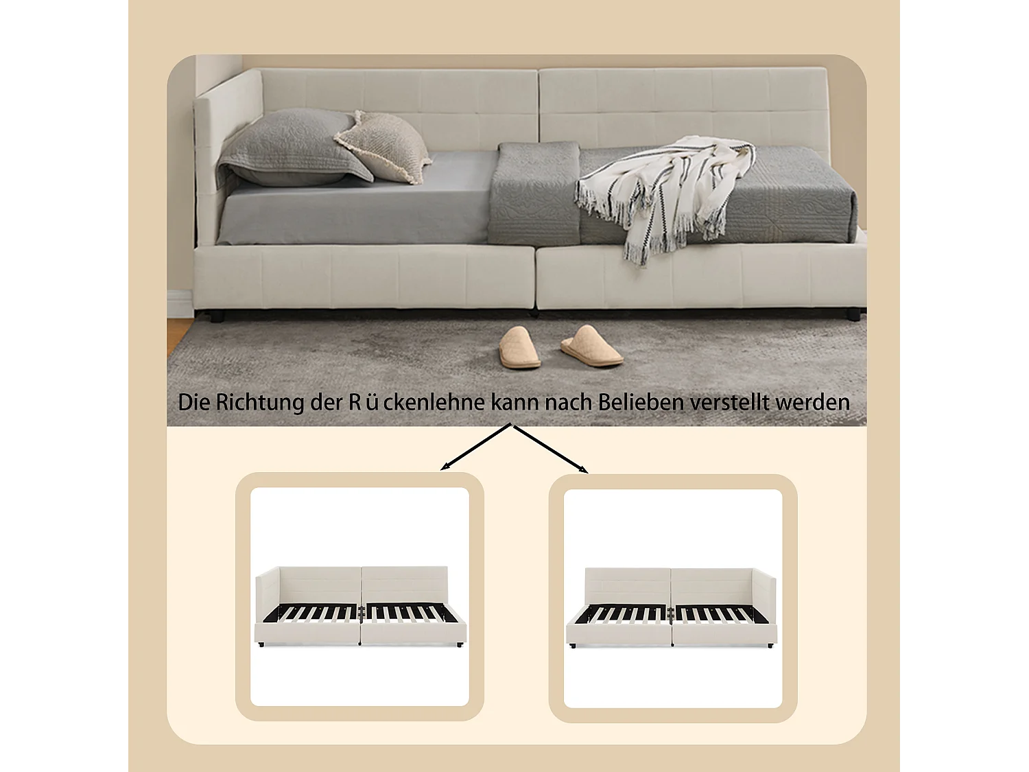 Lit simple 90x200 cm, haut dossier en velours, beige, cadre de lit en eucalyptus (216x103x70 cm)