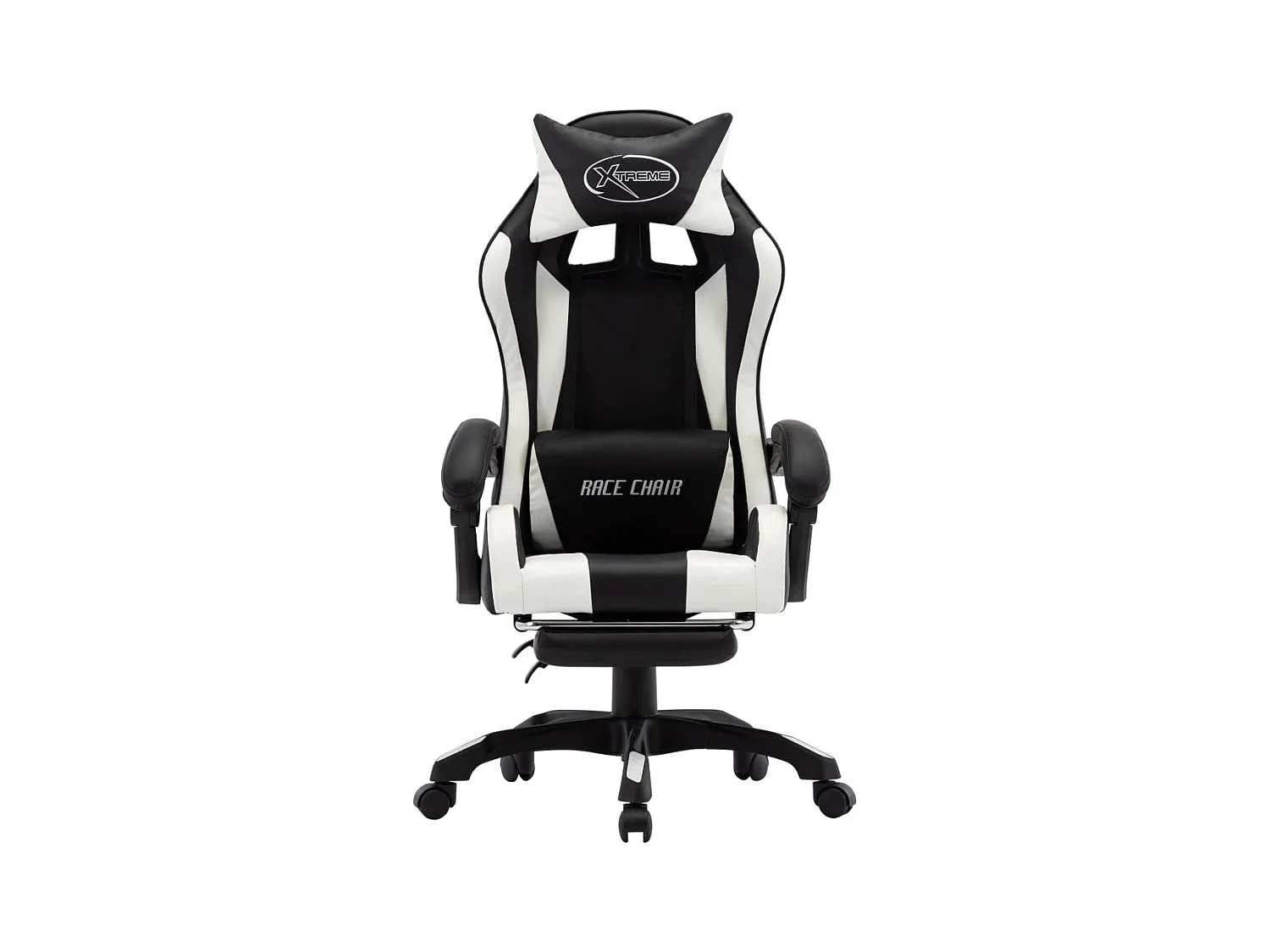 Witte en zwarte kunstleren gamingstoel en voetenbank