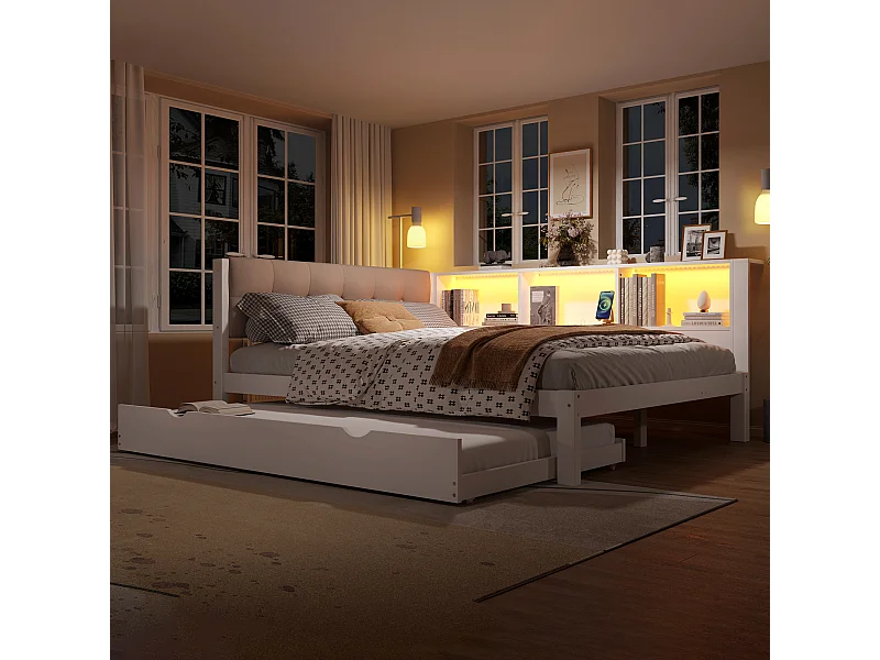 Extra bed 140x200 cm, met opklapbed, dimbare LED, planken, USB, grenenhout, wit (205x165x80,5 cm)