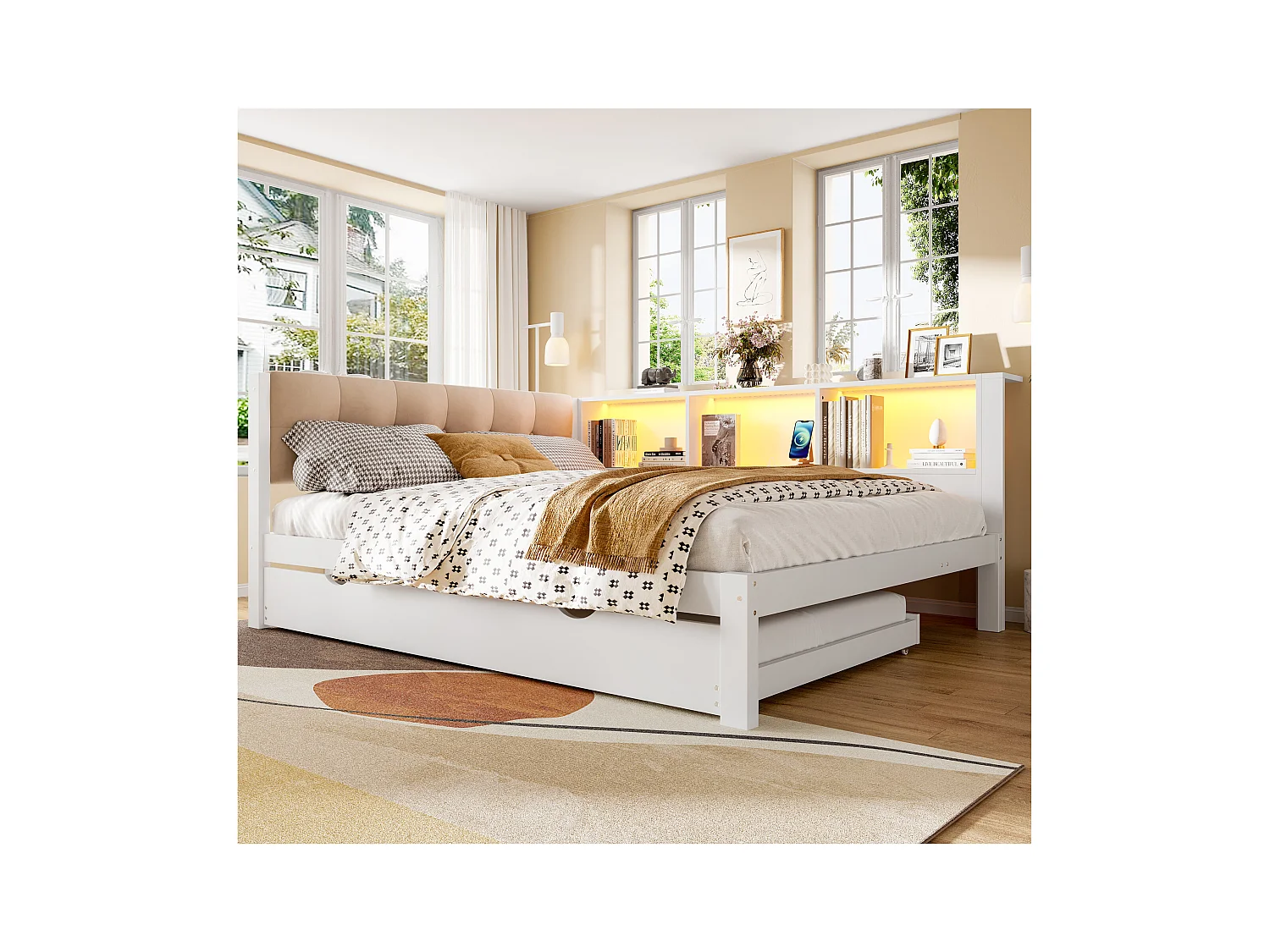 Extra bed 140x200 cm, met opklapbed, dimbare LED, planken, USB, grenenhout, wit (205x165x80,5 cm)