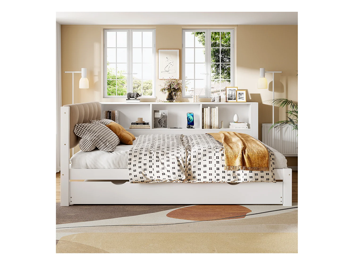 Extra bed 140x200 cm, met opklapbed, dimbare LED, planken, USB, grenenhout, wit (205x165x80,5 cm)