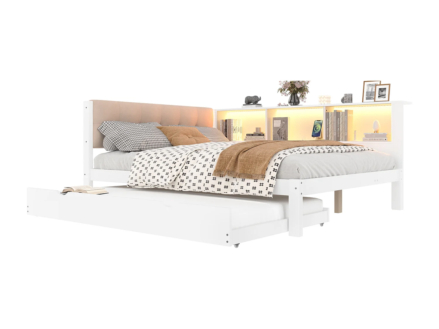 Extra bed 140x200 cm, met opklapbed, dimbare LED, planken, USB, grenenhout, wit (205x165x80,5 cm)