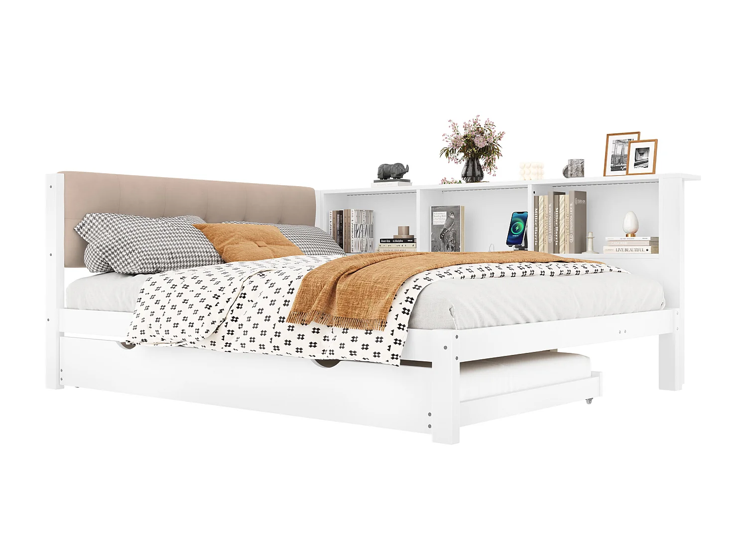 Extra bed 140x200 cm, met opklapbed, dimbare LED, planken, USB, grenenhout, wit (205x165x80,5 cm)