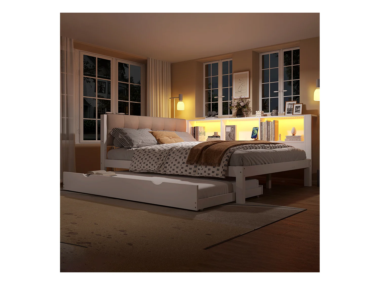 Cama supletoria 140x200 cm, con cama abatible, LED regulable, estantes, USB, madera de pino, blanco (205x165x80,5 cm)