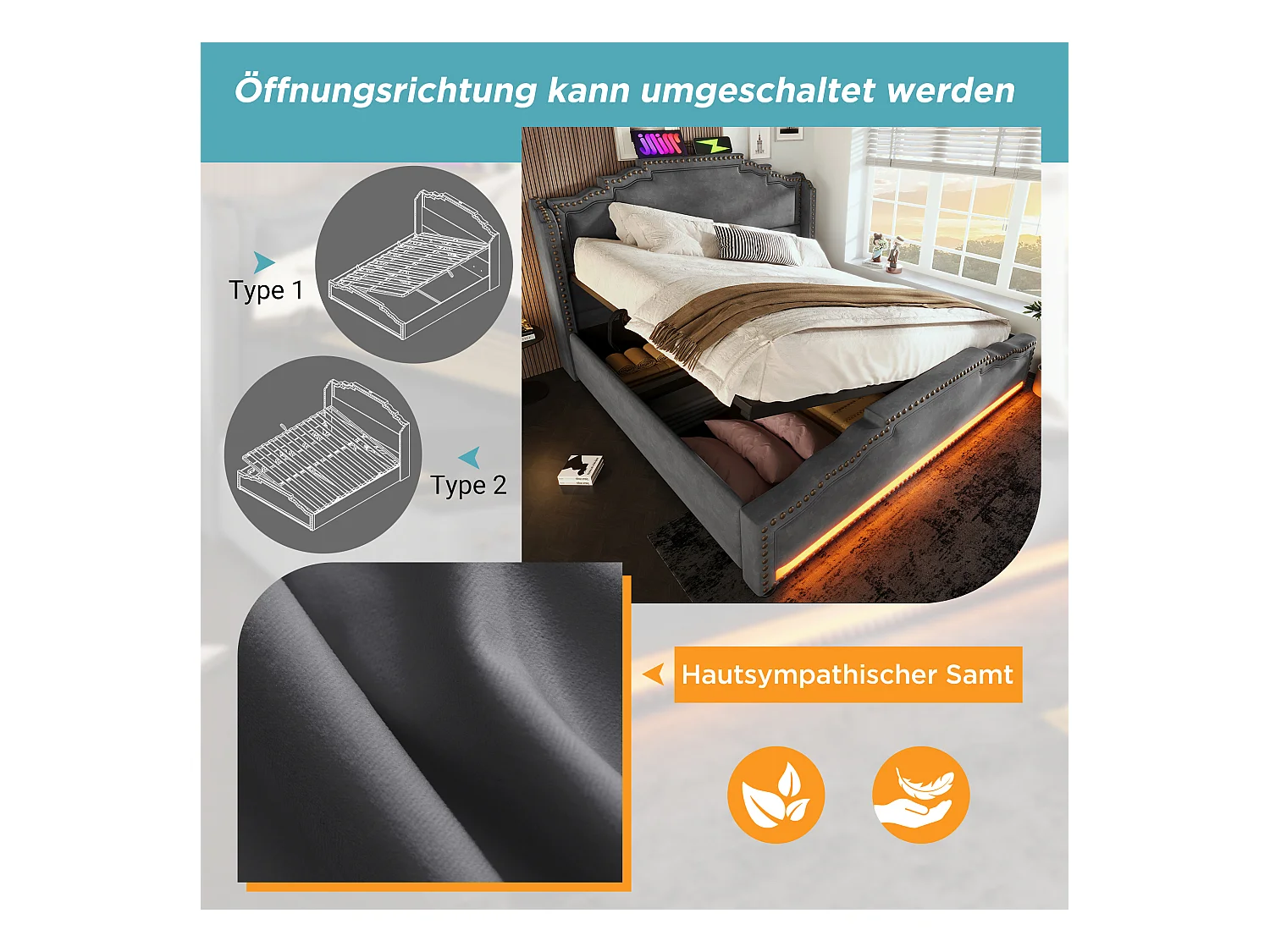 Bed met hydraulische opbergruimte, fluweel, grijs, LED en USB-C (140x200x120 cm)