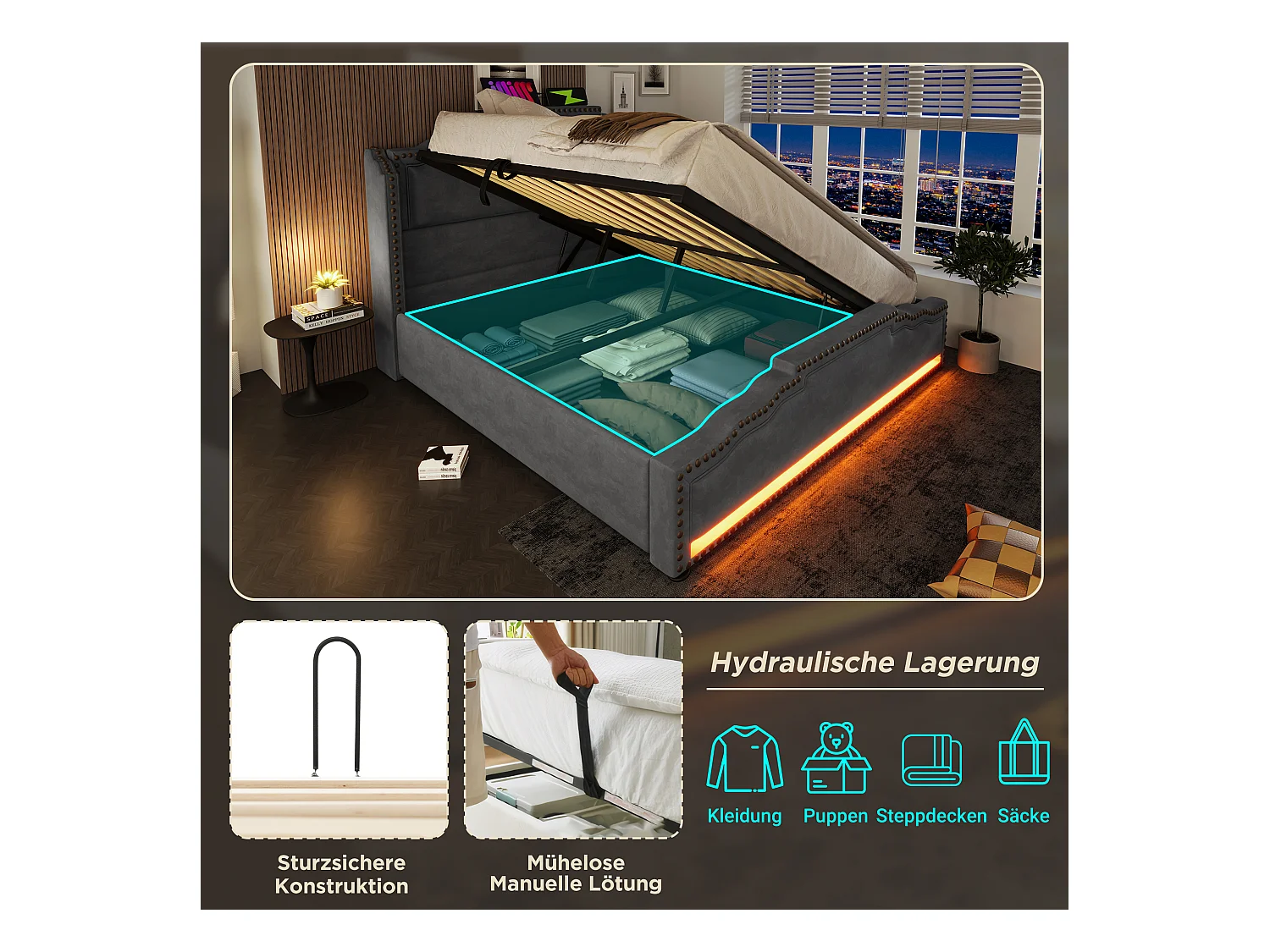 Letto con contenitore idraulico, Velvet, Grigio, LED e USB-C (140x200x120 cm)