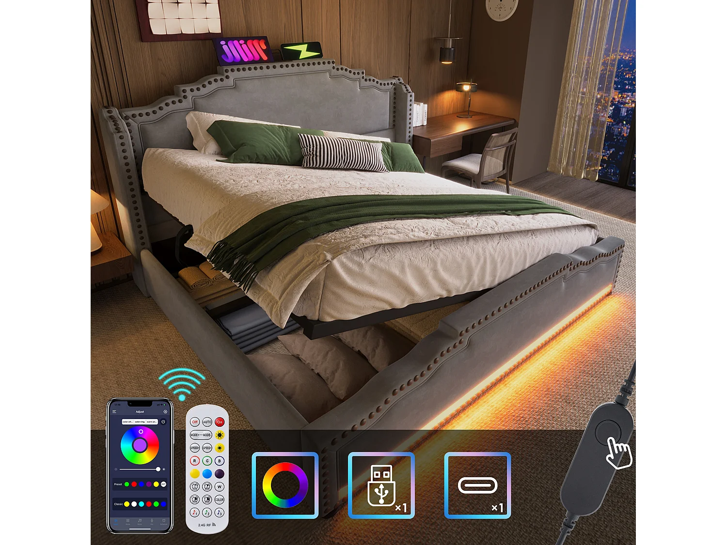 Bed met hydraulische opbergruimte, fluweel, grijs, LED en USB-C (140x200x120 cm)