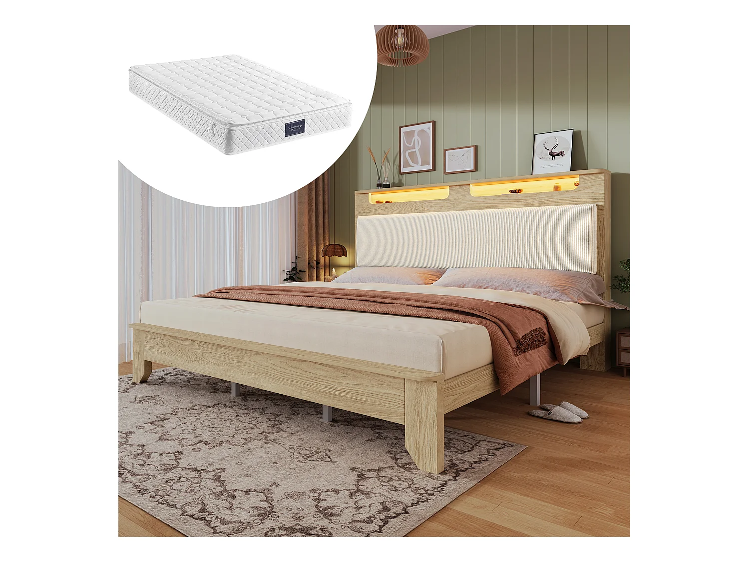 Lit double en bois 140x200 cm, tête de lit avec éclairage LED et dossier en corduroy beige, cadre en bois avec lattes, bois clair (140x200x110 cm)