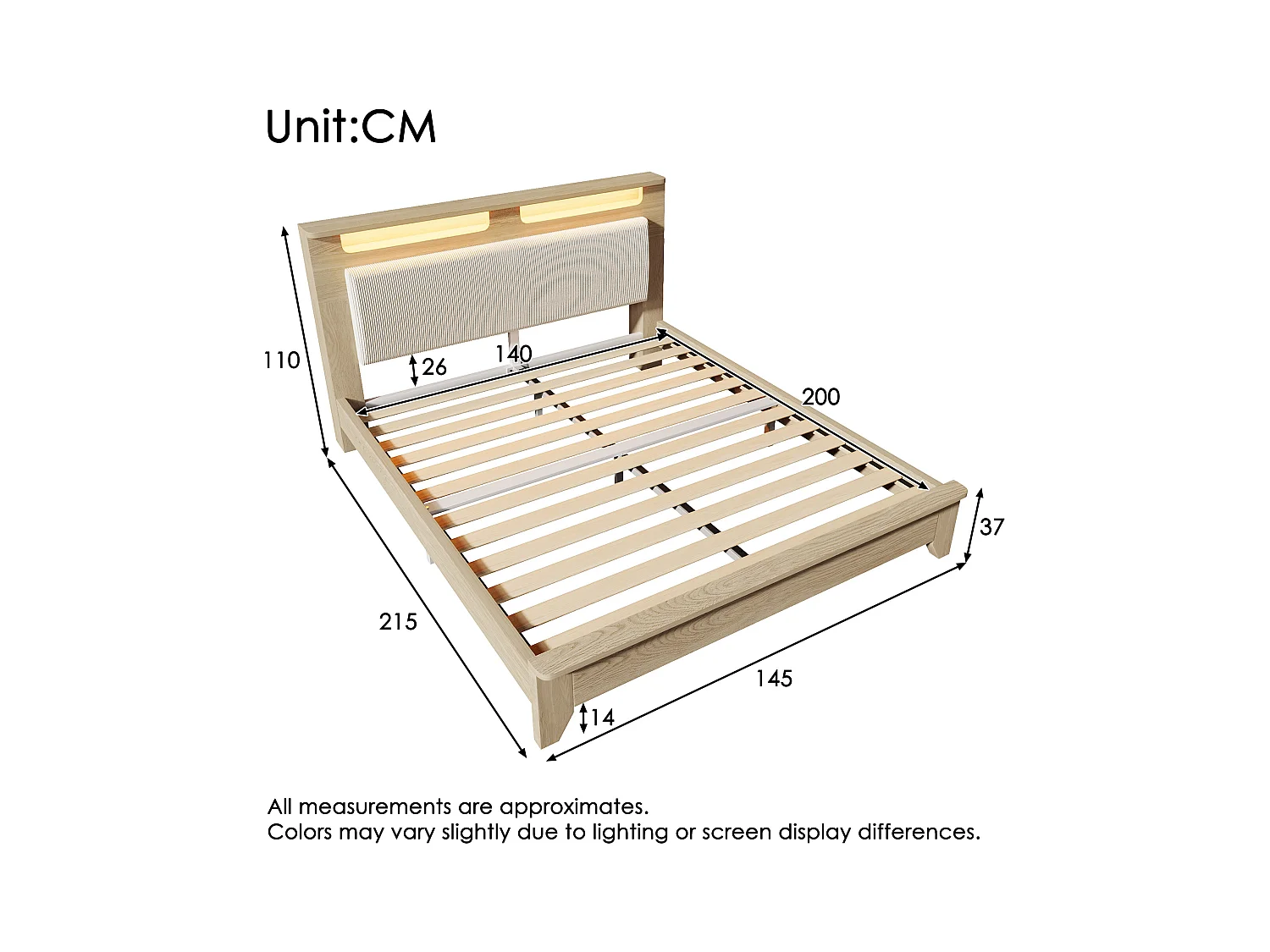 Lit double en bois 140x200 cm, tête de lit avec éclairage LED et dossier en corduroy beige, cadre en bois avec lattes, bois clair (140x200x110 cm)