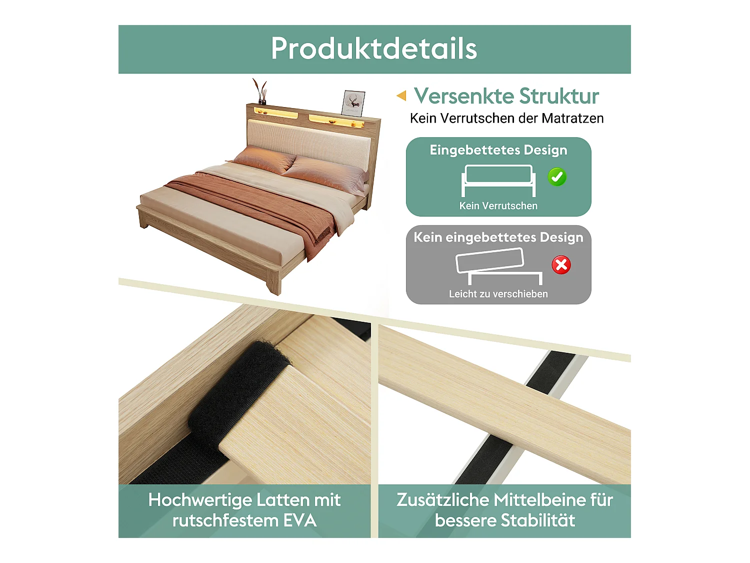 Lit double en bois 140x200 cm, tête de lit avec éclairage LED et dossier en corduroy beige, cadre en bois avec lattes, bois clair (140x200x110 cm)